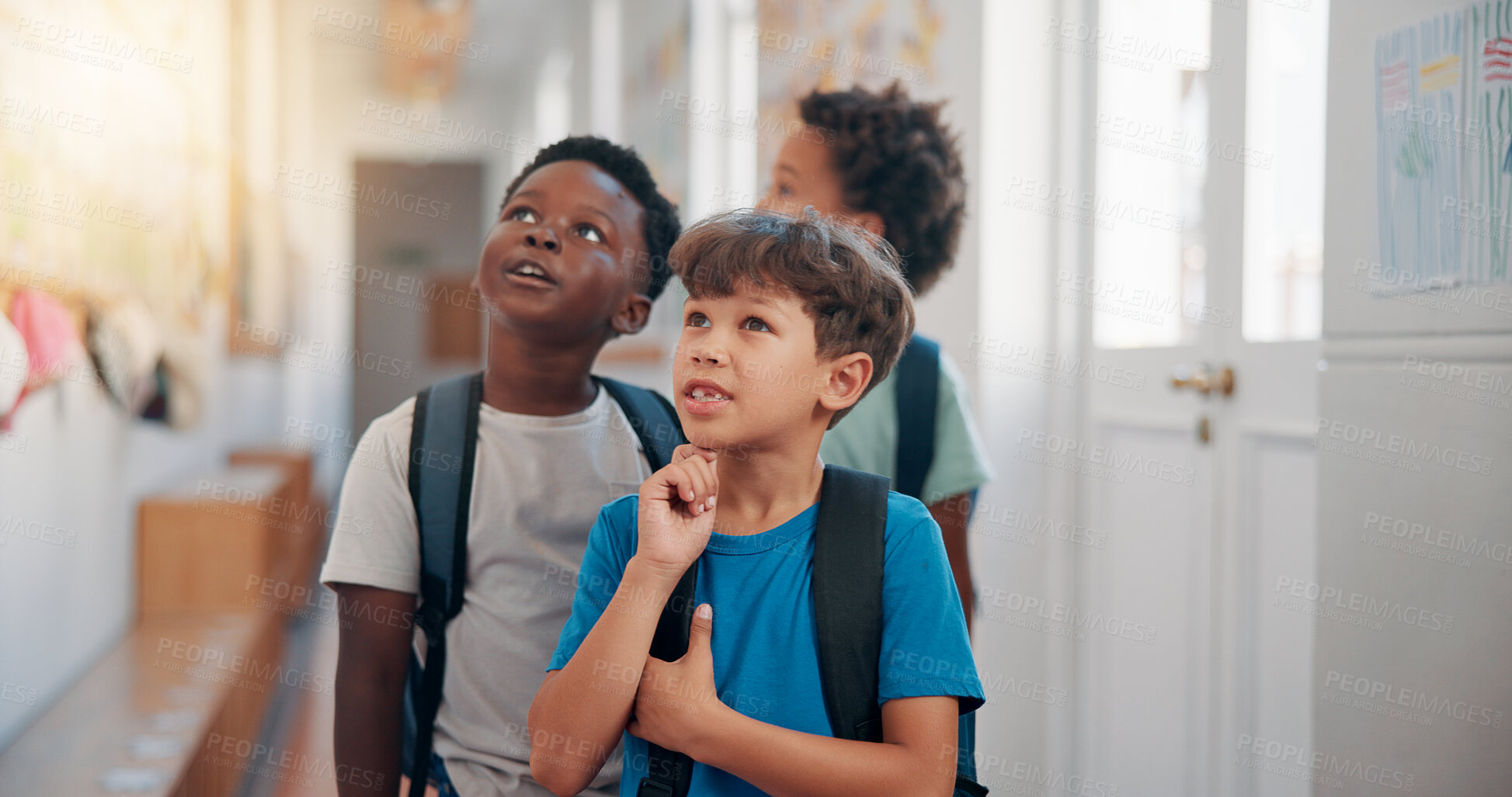 Buy stock photo Children, friends and hallway at school for education, learning and idea at recess. Boys, classmates and students together for development, knowledge and thinking in elementary with creative art
