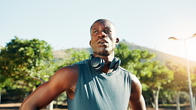 Buy stock photo Outdoor, black man and tired with thinking for fitness, cardio challenge and exhausted after running. Nature, male person and runner with thoughts on break, rest and wellness with health for exercise