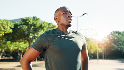Buy stock photo Outdoor, black man and fitness with thinking for rest, cardio challenge and breathing after running. Nature, male person and runner with thoughts on break, tired and wellness with health for exercise
