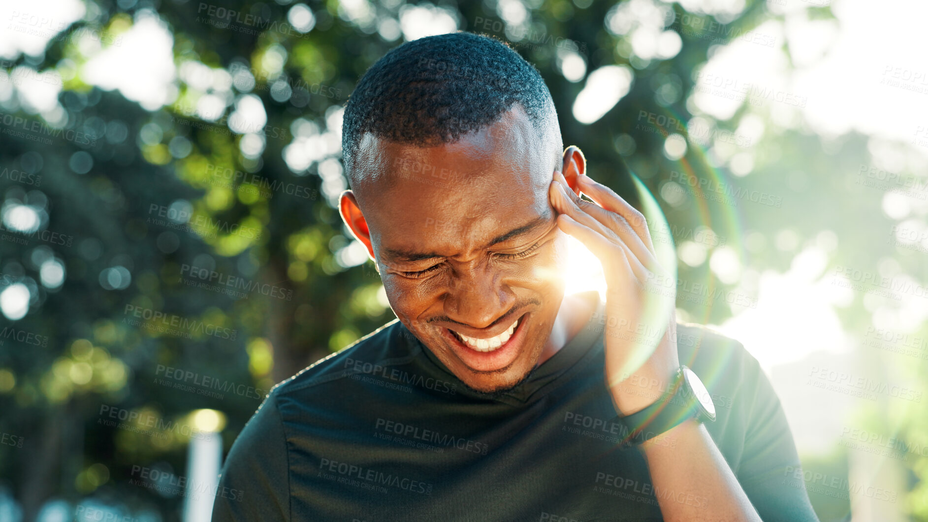 Buy stock photo Fitness, headache and man outdoor, tired and African person exhausted with pain from intense training. Migraine, exercise and sick sports athlete with fatigue, stress or dehydration with heat at park