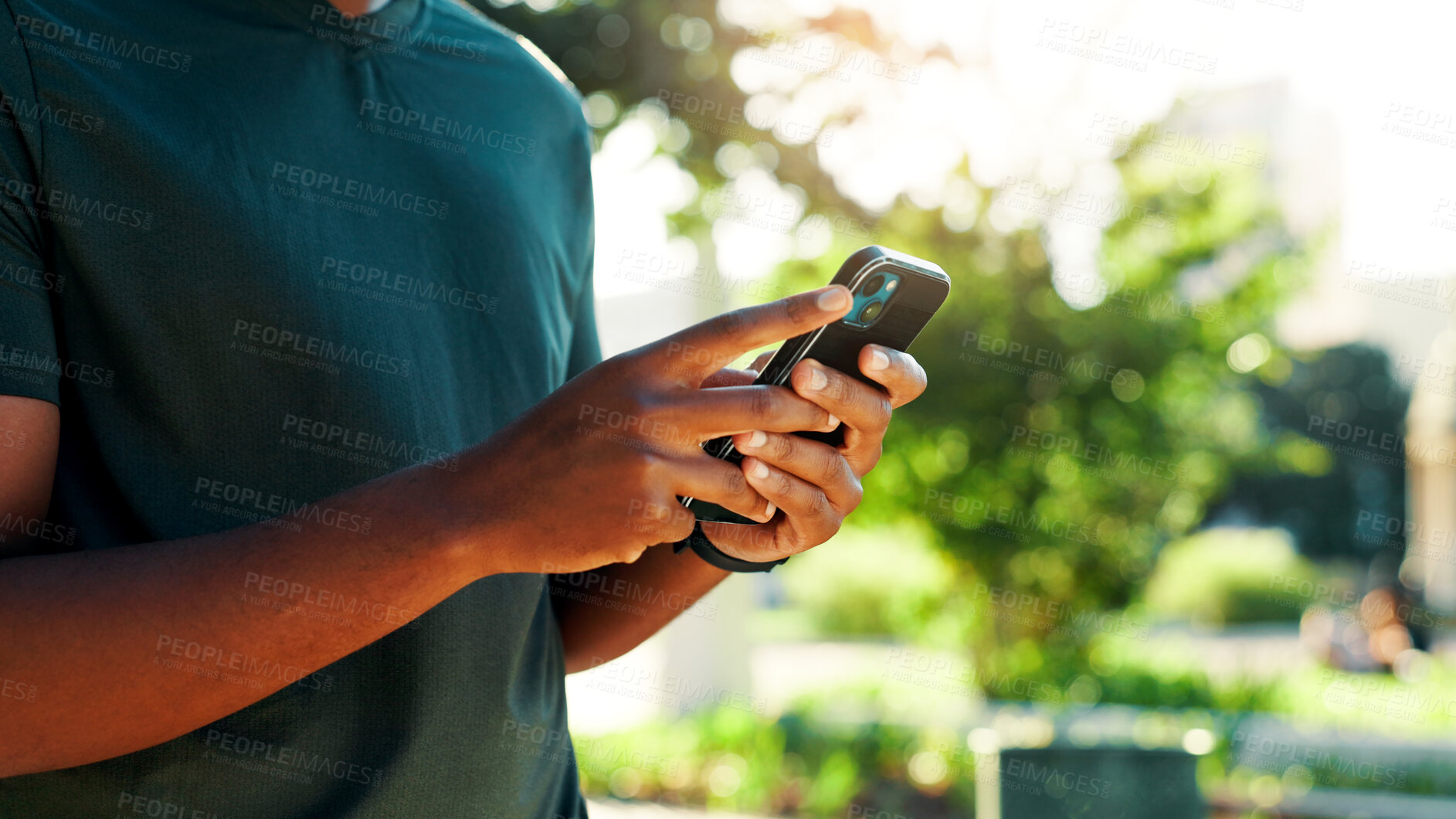 Buy stock photo Hands, smartphone and runner at park typing for speed stats, challenge and monitor progress in nature. Fitness person, cellphone and mobile app for stopwatch, steps and break for workout in summer