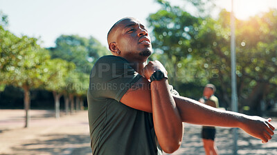 Buy stock photo Athlete, black man or stretching arms in park for flexibility for body health, fitness training or exercise. Elbow, muscle warm up or African runner thinking with wellness, mobility workout or sports