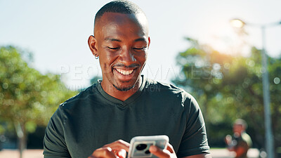 Buy stock photo Outdoor, black man and fitness with mobile for chat, social media and online for workout tutorial. Nature, male person and smartphone with exercise app for wellness tips, text and tracking progress