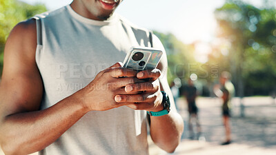 Buy stock photo Hands, phone and runner at park typing for speed stats, challenge and monitor progress in nature. Fitness person, smartphone and mobile app for stopwatch, steps and break for workout in summer