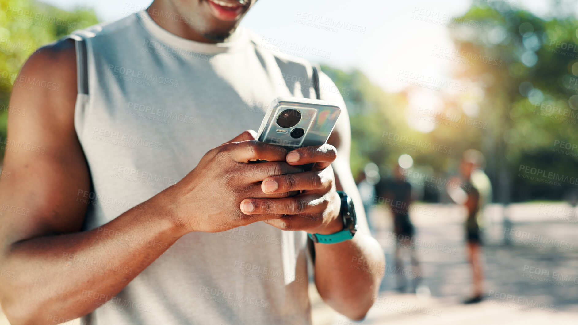 Buy stock photo Hands, phone and runner at park typing for speed stats, challenge and monitor progress in nature. Fitness person, smartphone and mobile app for stopwatch, steps and break for workout in summer
