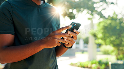 Buy stock photo Hands, smartphone and fitness at park typing for speed stats, challenge and monitor progress in nature. Runner person, cellphone and mobile app for stopwatch, steps and break for workout in summer