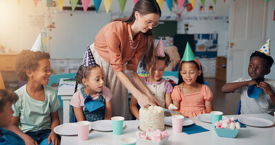 Buy stock photo Birthday, school and teacher with cake for children in classroom for group party with dessert, hats and decoration. Happy, celebration and woman educator with students for special event with sharing.
