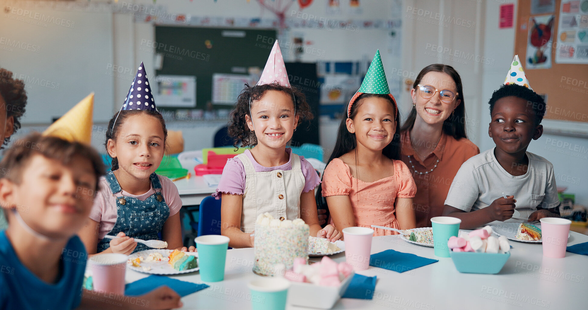 Buy stock photo Birthday, portrait and kids with teacher in classroom for group party with cake, hats and decoration. Happy, dessert and woman educator with students for celebration of special event at school.