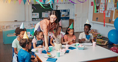 Buy stock photo Birthday, celebration and children with teacher in classroom for group party with cake, hats and decoration. Happy, sharing and woman educator with kid students for dessert with special event.