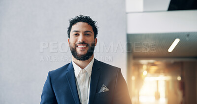 Buy stock photo Office, happy and portrait of businessman in lobby for finance career, opportunity and consultant. Professional, corporate space and person with confidence, pride and smile for investment job