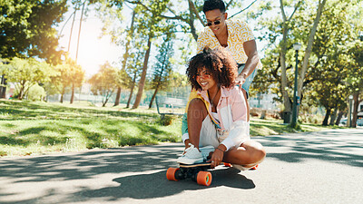 Buy stock photo Fun, skateboarder and couple in city, smile and travel on road with skateboard, laughing or outdoor. Journey, man and woman on date, trip and bonding for commitment in relationship on street or happy