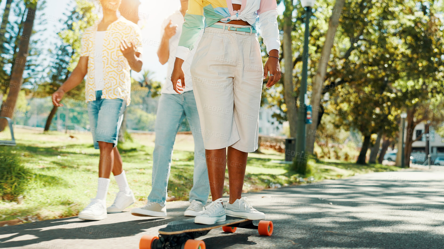 Buy stock photo Skateboard, nature and group of friends with fun outdoor in park for bonding, vacation or hobby. Energy, people and college students walking and skating in garden for skill together on spring break.