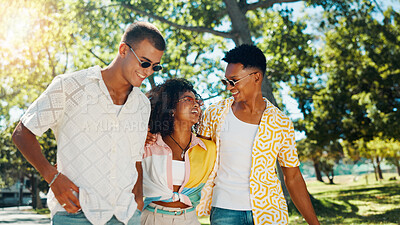 Buy stock photo Happy, people and friends talk at park for social gathering, university break and bonding together. Woman, men and walking with streetwear clothes for summer holiday, travel journey and reunion trip