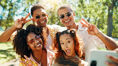 Buy stock photo Fashion, peace sign and friends in park for photograph together for cool style, bonding or reunion. Happy people, social media influencer or men with women in nature for picture, vacation or holiday