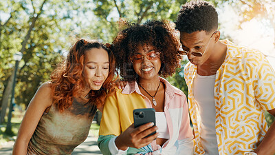 Buy stock photo Friends, online and surprised with mobile at park for social media post, gossip news and internet drama. Gen z people, happy and smartphone with dating site, show text notification and reading chat