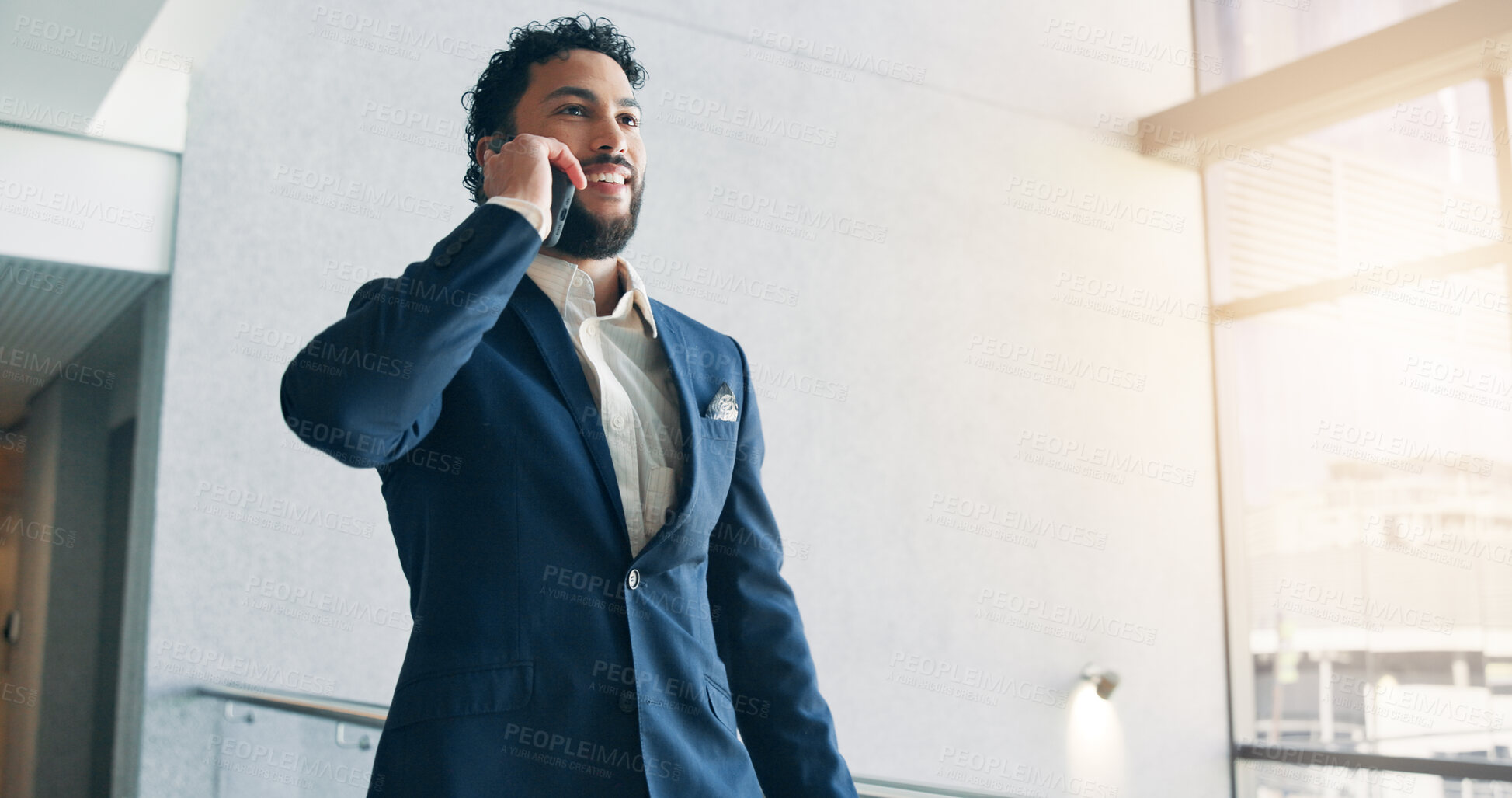 Buy stock photo Phone call, smile and man in office, talking and communication with contact for insurance or business. Happy, broker and person with mobile for conversation, corporate or explaining policy of company