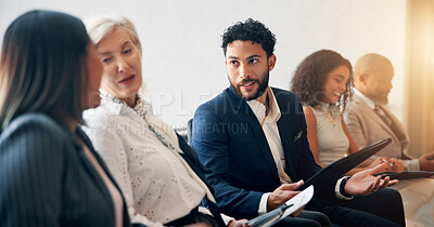 Buy stock photo Conference, audience and talking with business people in seminar for discussion, tradeshow and workshop. Convention, meeting and networking with employees in office for corporate training and group