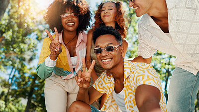 Buy stock photo Fashion, happy people and friends in park for selfie together for cool style, bonding or reunion. Hangout, social media influencer or men with women in outdoor nature for picture, vacation or holiday