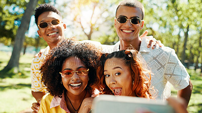 Buy stock photo Gen z, happy people and friends in park for selfie together for cool fashion, bonding or reunion. Hangout, social media influencer or men with women in outdoor nature for picture, vacation or holiday