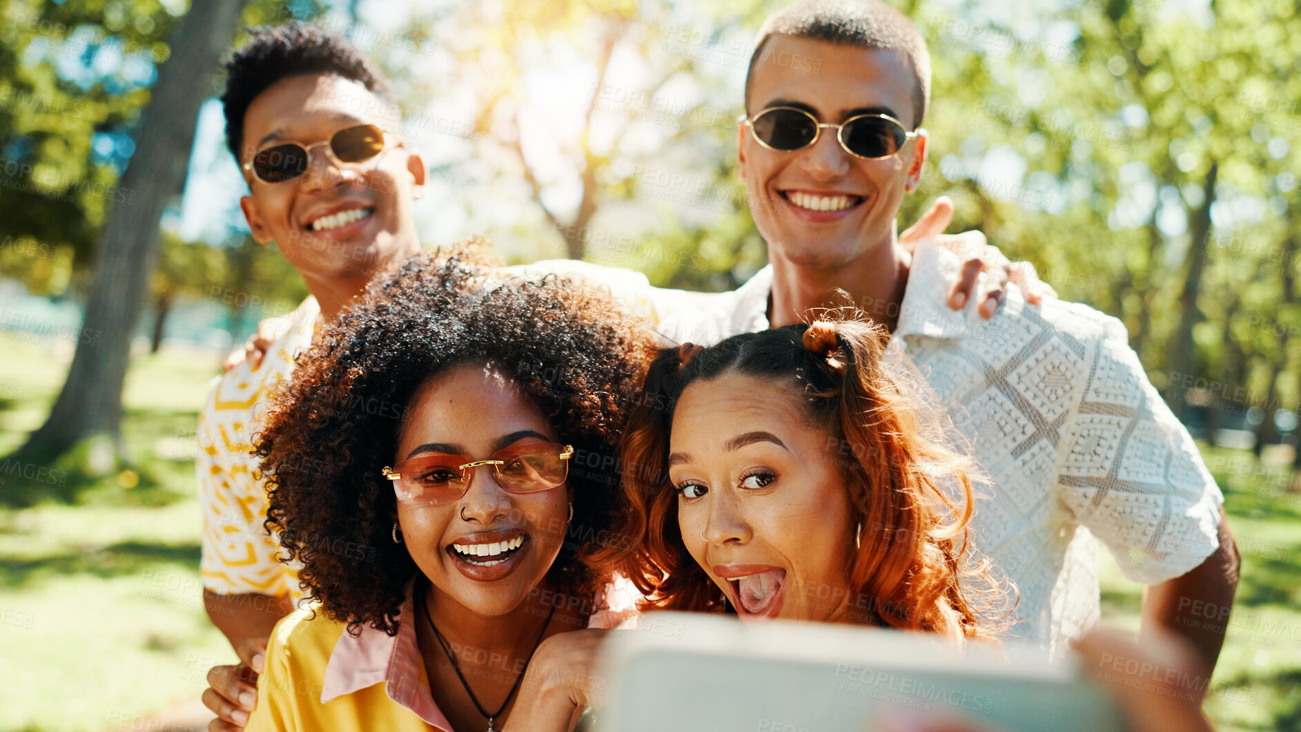 Buy stock photo Gen z, happy people and friends in park for selfie together for cool fashion, bonding or reunion. Hangout, social media influencer or men with women in outdoor nature for picture, vacation or holiday