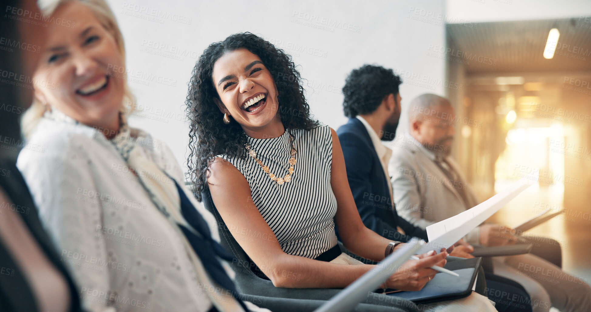 Buy stock photo Business, laughing and audience in seminar, group and colleagues in workshop for training or meeting. Conference, information and coworkers with notes for presentation, crowd and people in boardroom