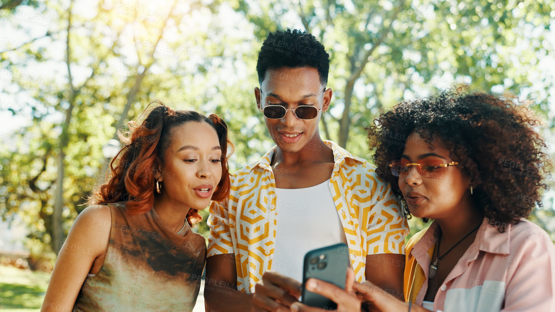 Buy stock photo Friends, reading and show phone at park for social media post, online update and internet gossip. Gen z people, relax and smartphone with surprise information, web announcement and text notification