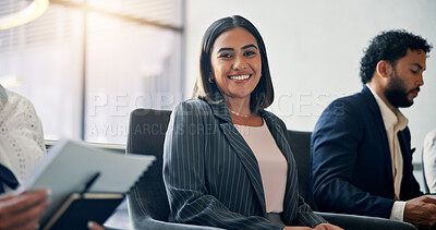 Buy stock photo Business, woman and smile in seminar, group and colleagues in workshop for training or meeting. Conference, information and coworkers with notes for presentation, portrait and people in boardroom