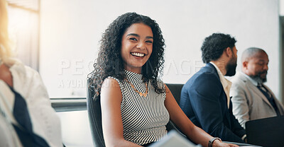 Buy stock photo Happy, meeting and portrait of business woman for teamwork, collaboration and training. Professional, corporate office and people in boardroom for workshop, company event and seminar for development