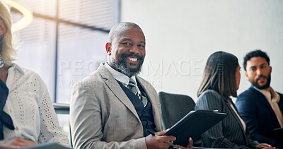 Buy stock photo Business, man and smile in seminar, audience and colleagues in workshop for training or meeting. Conference, information and coworkers with notes for presentation, crowd and people in boardroom
