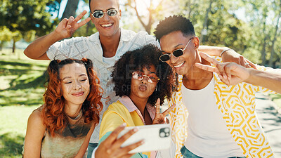 Buy stock photo Hangout, happy people and friends in nature for selfie together for cool fashion, bonding or reunion. Gen z, social media influencer or men with women in outdoor park for picture, vacation or holiday
