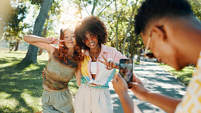 Buy stock photo Women, smile or friends in park for picture together for cool fashion, bonding or reunion. Peace sign, social media influencer or happy people in outdoor nature for photo, vacation or holiday hangout