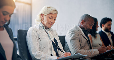 Buy stock photo Business, notes and audience in seminar, group and colleagues in workshop for training or meeting. Conference, information and coworkers with ideas for presentation, crowd and people in boardroom