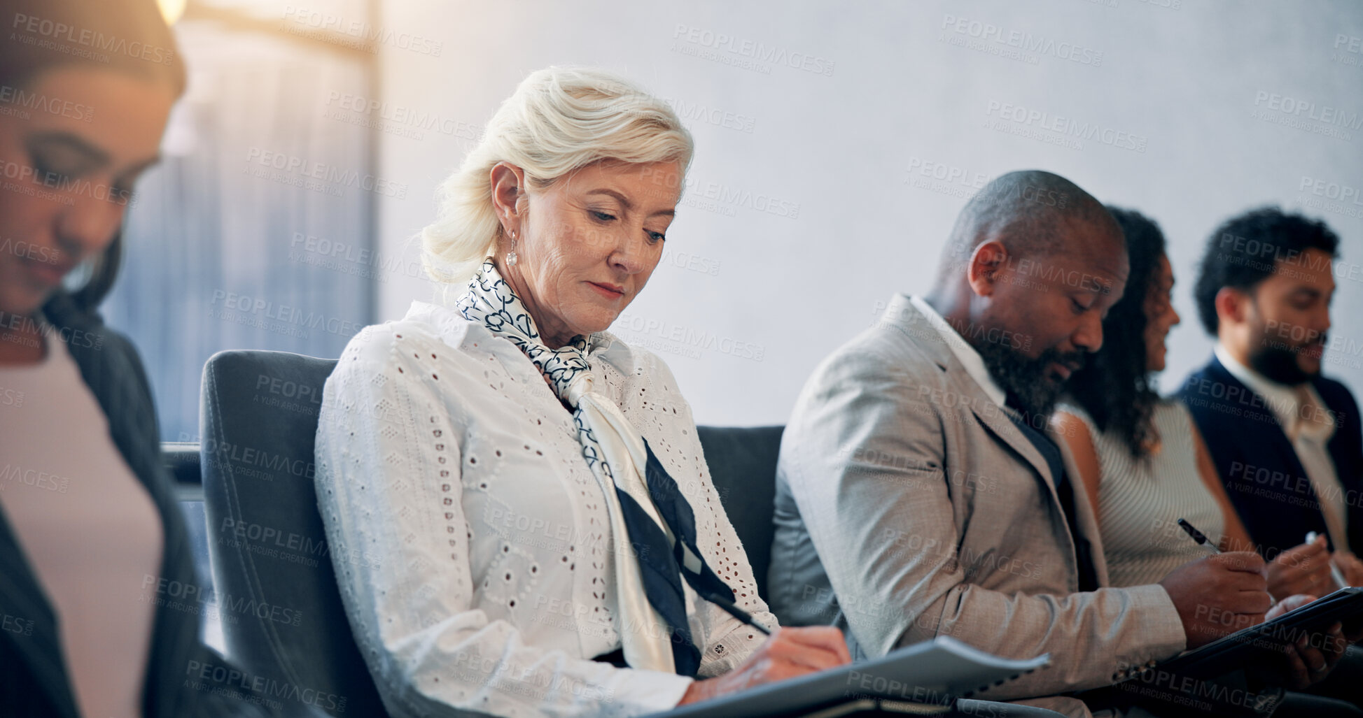 Buy stock photo Business, notes and audience in seminar, group and colleagues in workshop for training or meeting. Conference, information and coworkers with ideas for presentation, crowd and people in boardroom