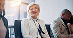 Business, meeting and portrait of mature woman for teamwork, collaboration and training. Professional, corporate office and people in boardroom for workshop, company event and seminar for development