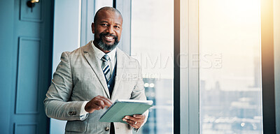 Buy stock photo Mature African businessman, tablet and office for portrait, smile and investing with report for stock market. Person, happy and touchscreen with trading, app and research at finance agency in Kenya