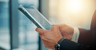 Buy stock photo Office, person and hands with tablet for research, UX design and software update with connection. Closeup, employee and website developer with digital for SEO information, scroll or business by flare
