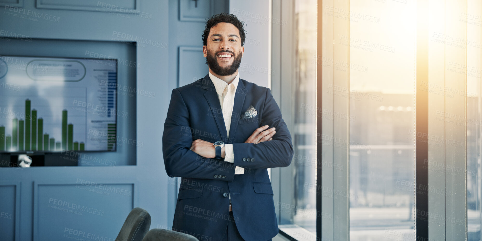 Buy stock photo Arms crossed, portrait and smile of man in office for portfolio management as investment banker. Confident, finance and trust with broker or stock market trader in professional workplace for wealth