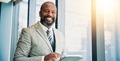 Buy stock photo African man, tablet and lawyer in office portrait, smile and contact for online legal consultation. Mature person, attorney and happy with touchscreen with app, report and pride at law firm in Kenya