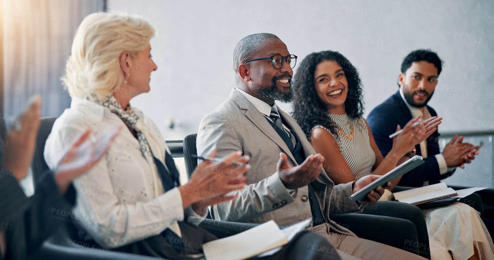 Buy stock photo Business, applause and audience in seminar, group and colleagues in workshop for training or meeting. Conference, success and crowd with smile for presentation, clapping and achievement for people