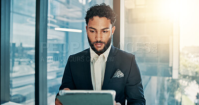 Buy stock photo Online, employee and man with tablet, business and review of stock market on web, serious or digital. Office, sales manager and person with tech for industry trends, reading or performance of company
