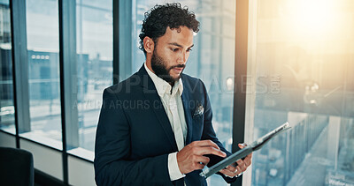 Buy stock photo Tablet, email and businessman by window in office for company budget plan with connection. Digital technology, research and male financial manager with investment proposal for profit or revenue.
