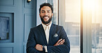 Arms crossed, finance and portrait of man in office for portfolio management as investment banker. Confident, smile and trust with broker or stock market trader in professional workplace for wealth