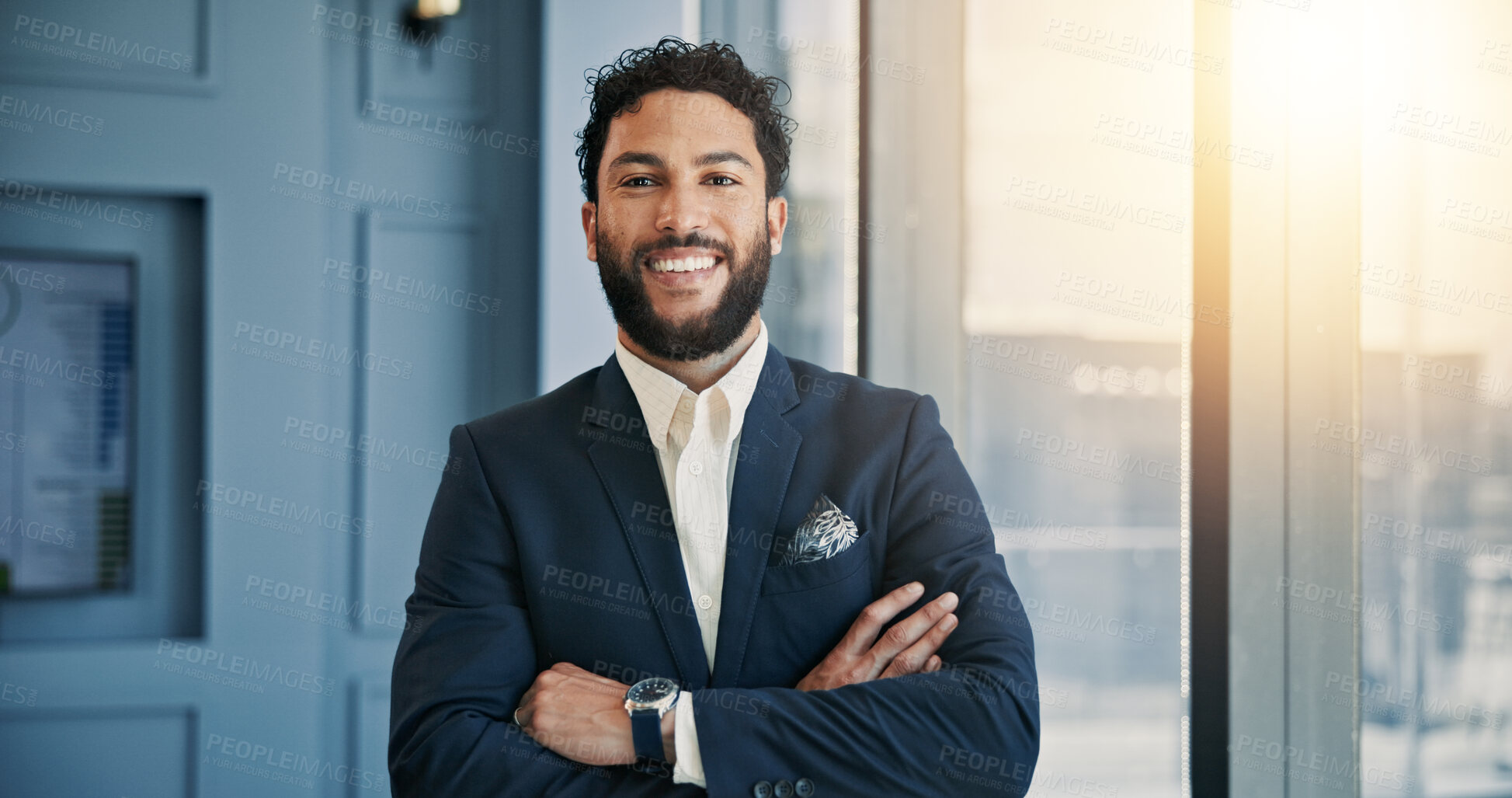 Buy stock photo Arms crossed, finance and portrait of man in office for portfolio management as investment banker. Confident, smile and trust with broker or stock market trader in professional workplace for wealth