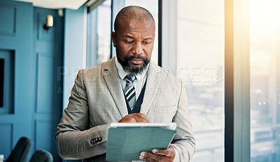 Buy stock photo Business, digital and mature man with tablet, review or checking stock market on web or online. Office, sales manager and black person with tech for industry trends, reading or performance of company