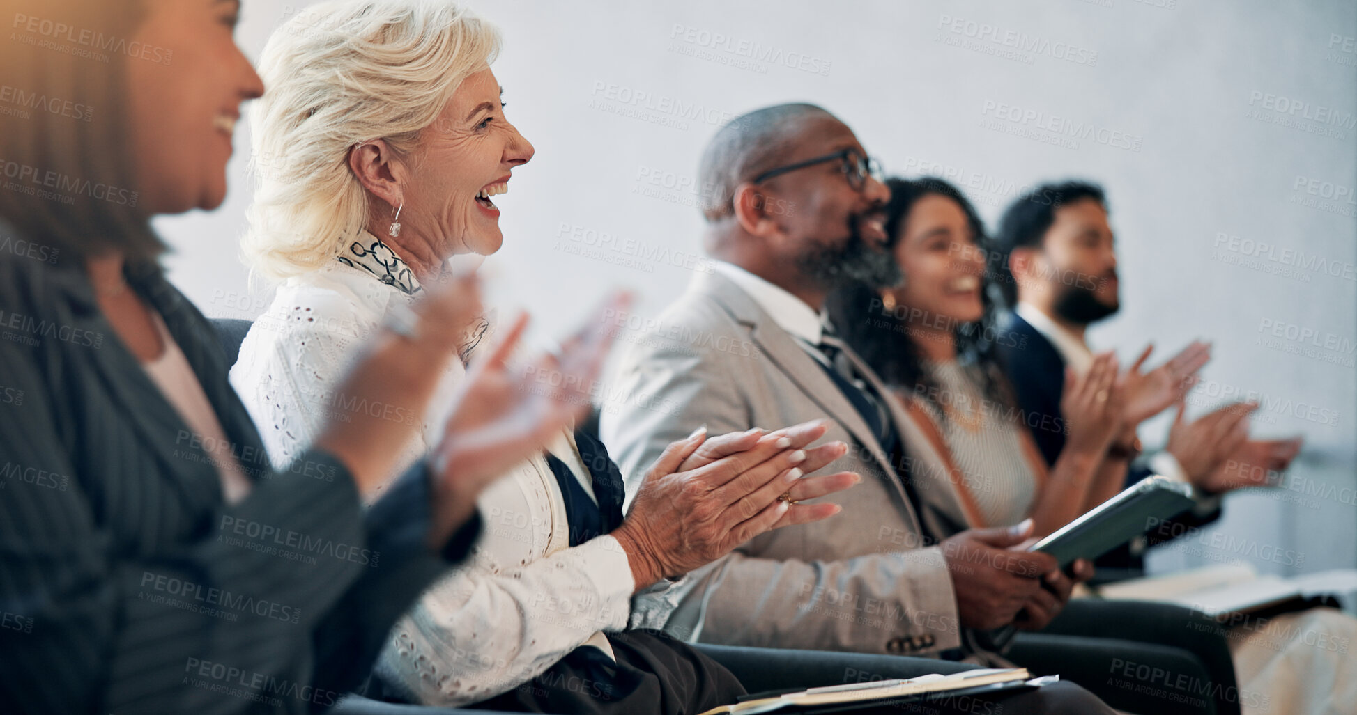Buy stock photo Business, applause and audience in seminar, celebration and colleagues in workshop for training and meeting. Conference, clapping and happy for achievement in company, crowd and people in boardroom
