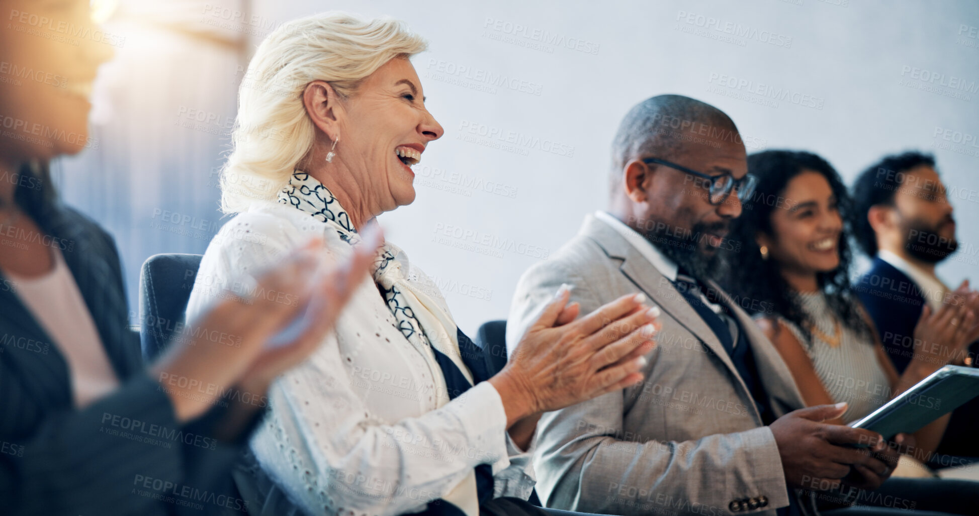 Buy stock photo Business, applause and group in seminar, celebration and colleagues in workshop for training and meeting. Conference, clapping and happy for achievement in company, crowd and people in boardroom