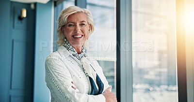 Buy stock photo Arms crossed, finance and portrait of woman in office for portfolio management as investment banker. Confident, trust and smile of mature broker or stock market trader in professional workplace