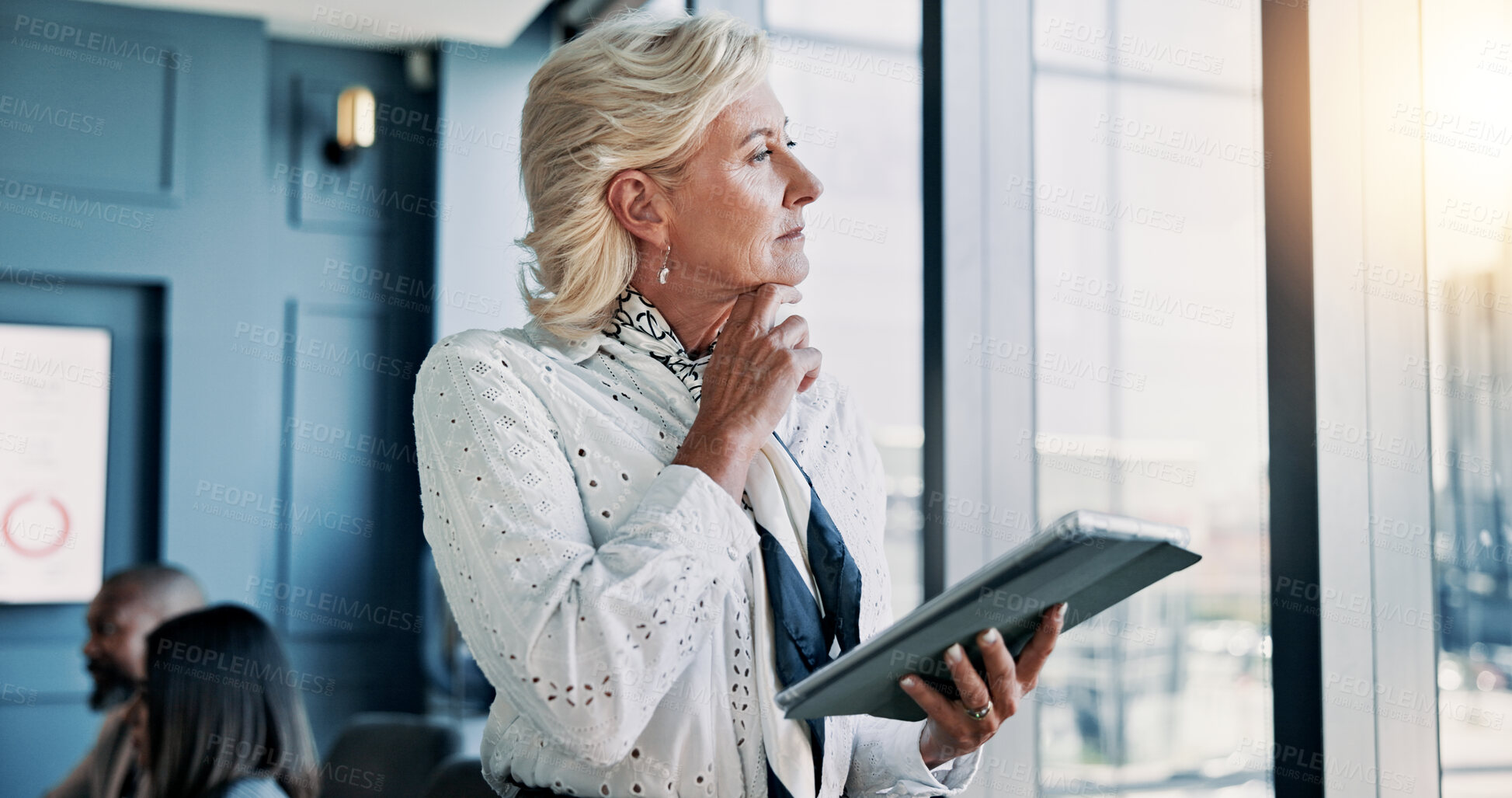 Buy stock photo Business, thinking and woman with tablet, window and inflation analyst with problem solving. Mature person, employee or financial advisor in office, tech or decision for stock market, choice or email