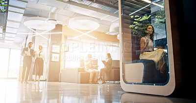 Buy stock photo Lobby, meeting and business people in office in morning with cubicle for collaboration, teamwork and discussion. Professional, corporate and men and women walking in workspace pods for productivity