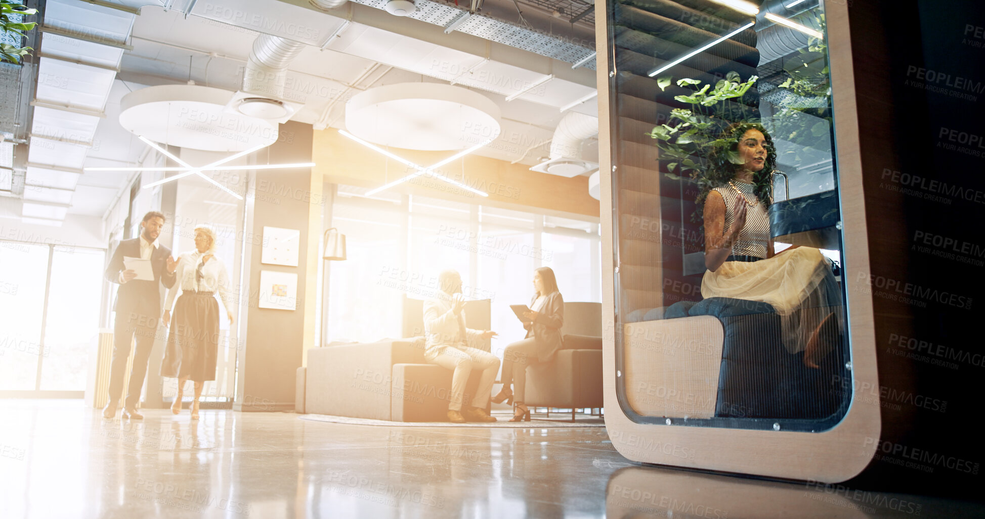 Buy stock photo Lobby, meeting and business people in office in morning with cubicle for collaboration, teamwork and discussion. Professional, corporate and men and women walking in workspace pods for productivity